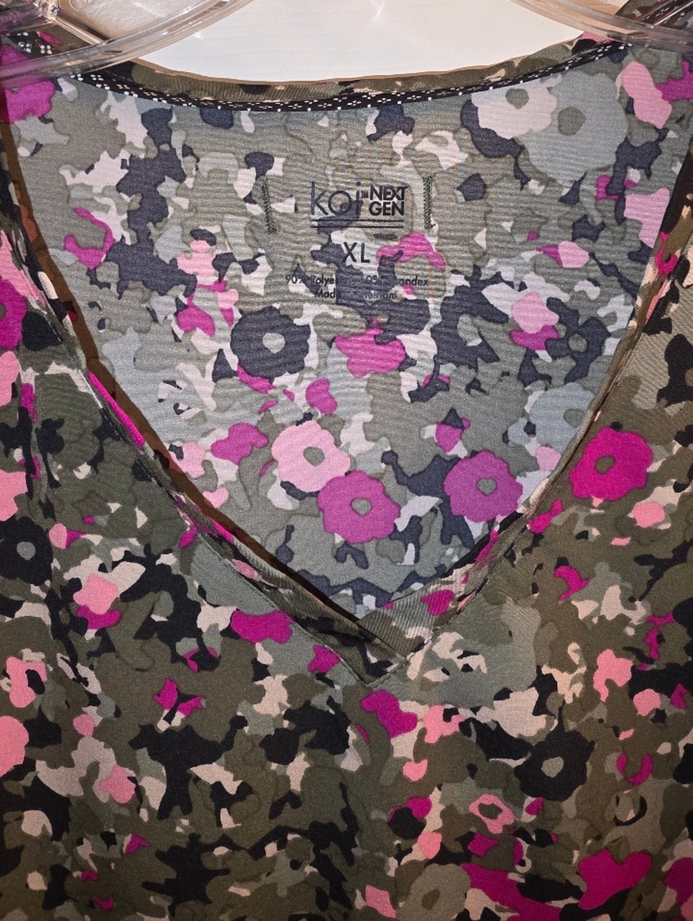 Women's Koi V-Neck Scrub Top - Olive & Pink Floral Camo - Picture 3 of 4